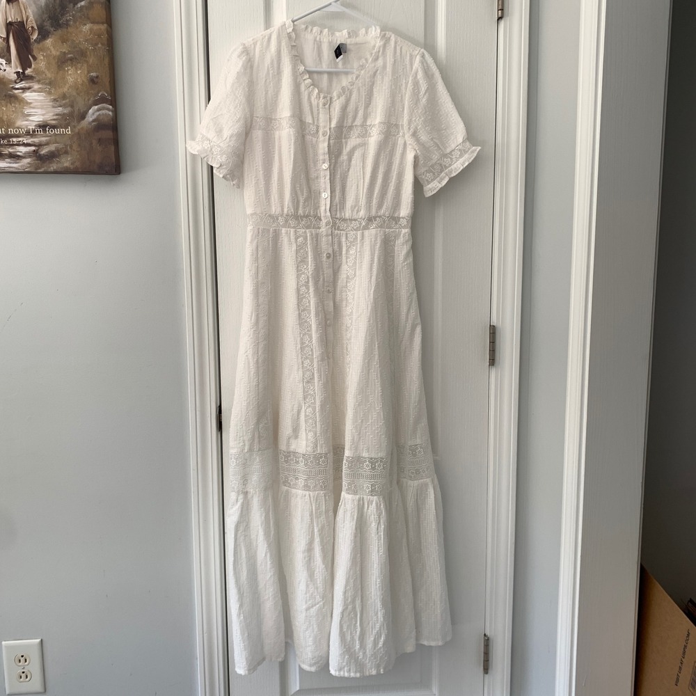 JL Luxe White Cotton Lace‎ Swiss Dot Button Front Maxi Dress Size 4 Boho Bridal